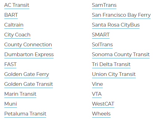 List of services covered by the Clipper BayPass